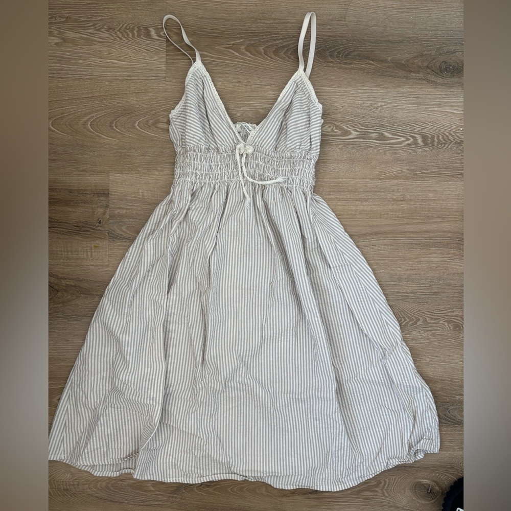 Vintage Derek Heart Babydoll Lace Pinstripe Ruched Beige White Dress Midi